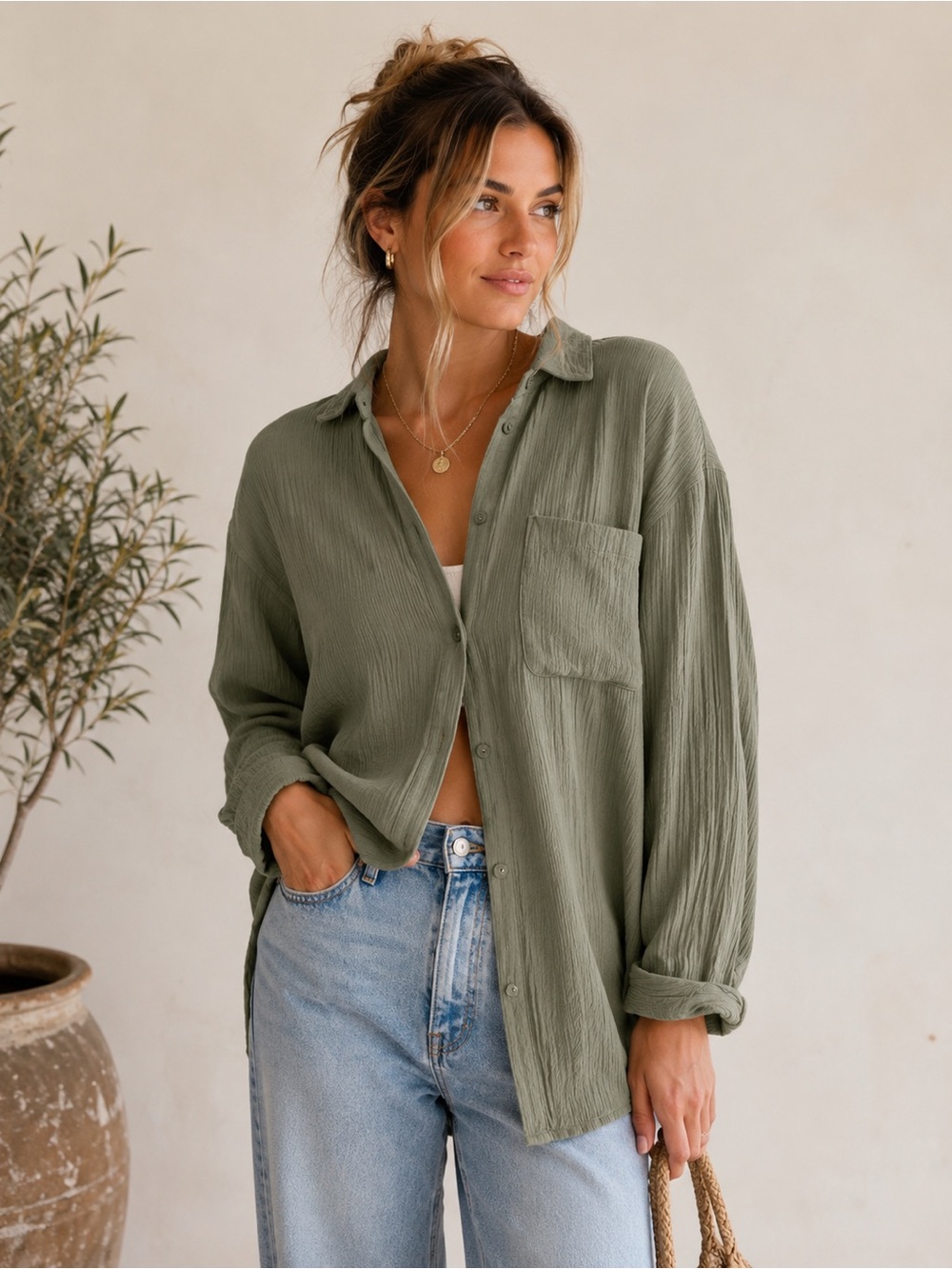 Abercrombie & Fitch Green Crinkle Button Up Shirt Oversized Relaxed Fit Utility